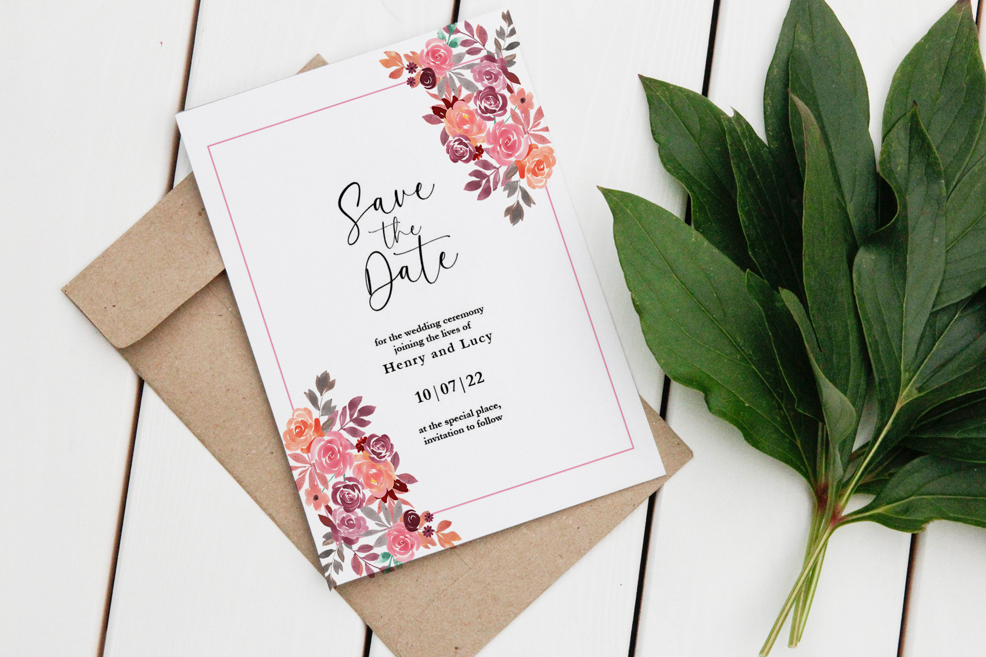 Text with Pink Flowers Save the Date card with script and pink flowers